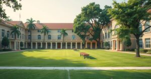 A serene campus scene with empty lecture halls and parked bicycles, showcasing student life and education.