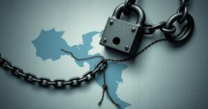 A symbolic representation of immigration issues, featuring a broken chain and a faded map of Venezuela.
