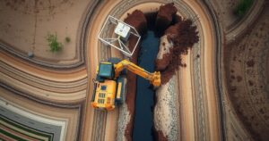 Aerial view of an excavator digging a trench on a poultry farm in Brazil amidst biosecurity measures.