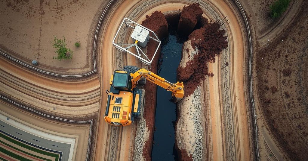Aerial view of an excavator digging a trench on a poultry farm in Brazil amidst biosecurity measures.