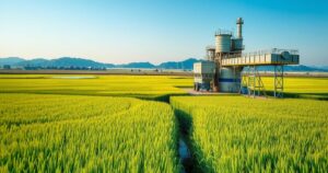 A vibrant landscape showcasing rice fields with modern milling infrastructure, reflecting agricultural collaboration and growth.