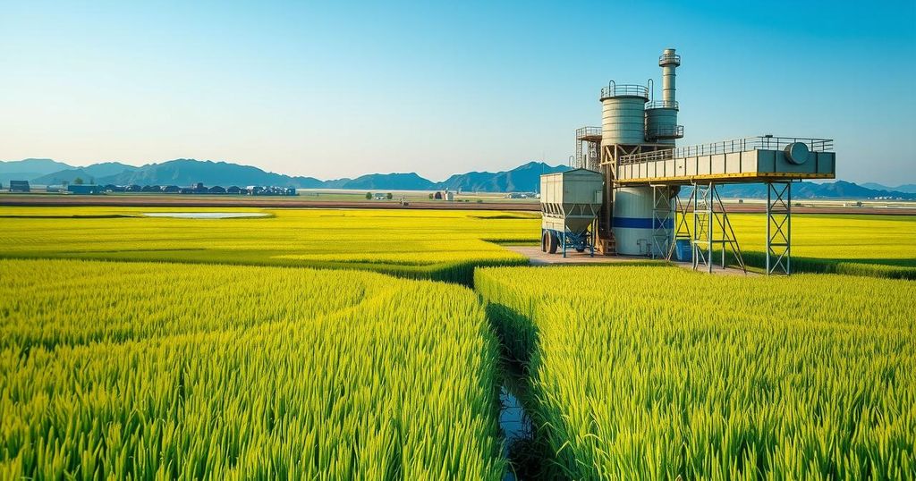 A vibrant landscape showcasing rice fields with modern milling infrastructure, reflecting agricultural collaboration and growth.