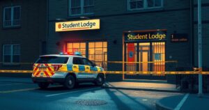 A police vehicle parked outside a students' lodge, surrounded by caution tape, representing crime prevention.