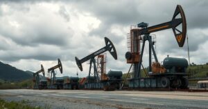 Venezuela oil drilling site with machinery under overcast skies, showcasing industrial energy activity in muted colors.