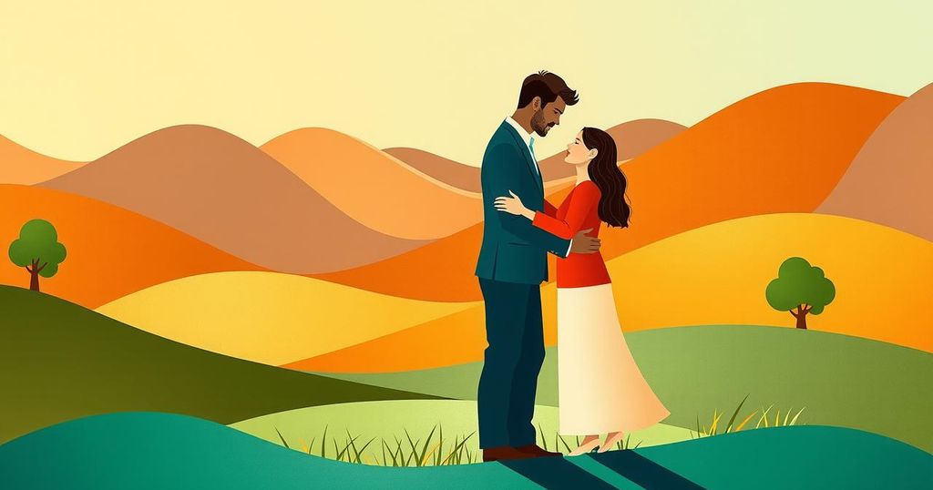 Colorful artistic representation of couples in supportive environments, symbolizing community health and wellness.