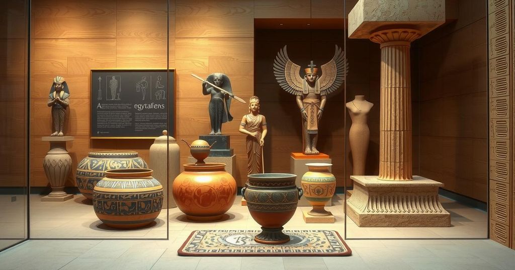 Ancient Egyptian artifacts displayed in a museum with warm lighting and sand tones.