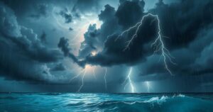 Tropical wave forecast in Cuba with dark clouds and rain, showcasing a stormy sky and lightning in vibrant colors.