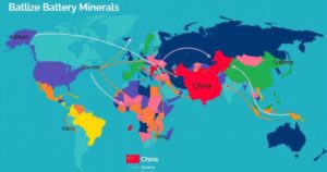 Map highlighting China's dominance in the global battery minerals trade with colored regions and flow of materials.