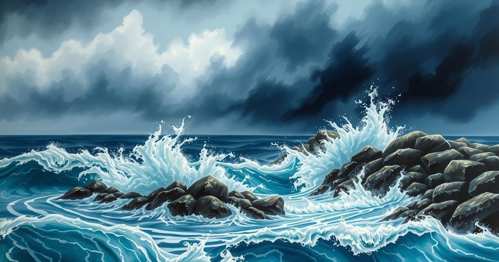 Powerful ocean waves crashing under dramatic cloudy skies with strong winds in a coastal landscape.
