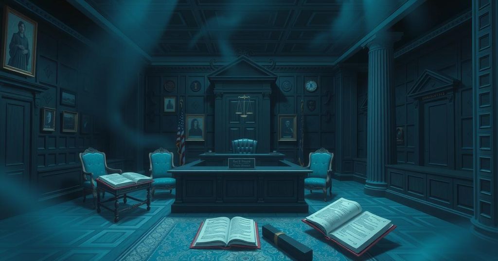 A courtroom scene showing a judge's bench, police presence, and legal documents with an intense atmosphere.