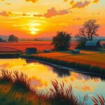 A serene landscape of farmland and water, with a tranquil sunset sky in warm colors for peace and reflection.