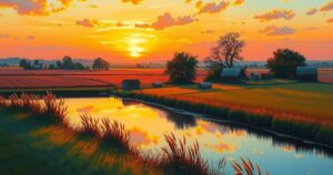 A serene landscape of farmland and water, with a tranquil sunset sky in warm colors for peace and reflection.