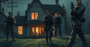 Dramatic scene showing a home surrounded by armed men in military uniform, depicting a tense abduction.