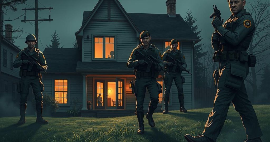 Dramatic scene showing a home surrounded by armed men in military uniform, depicting a tense abduction.