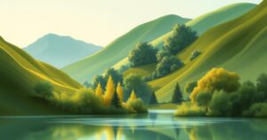 A serene landscape showcasing natural beauty, featuring lush greenery and tranquil water reflections, in earthy tones.