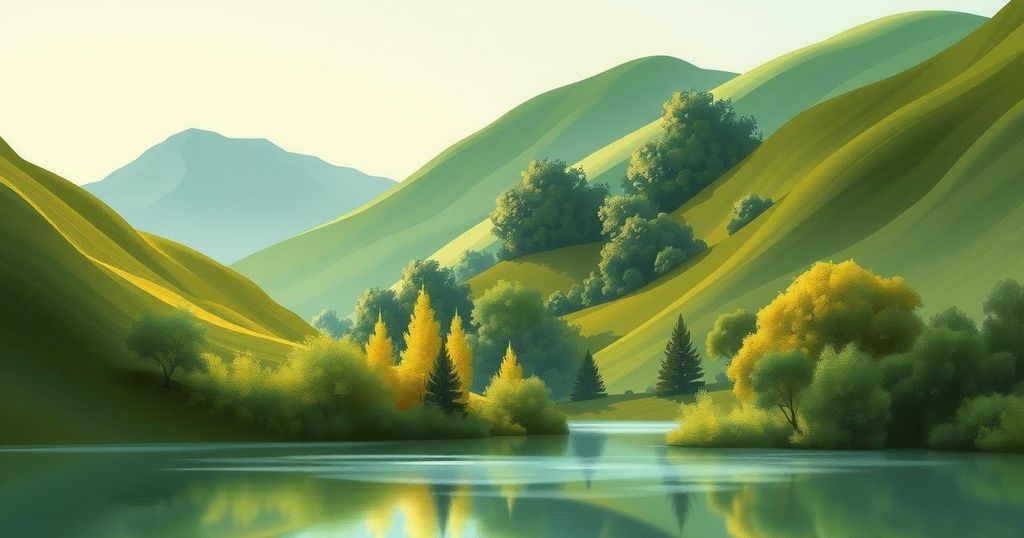 A serene landscape showcasing natural beauty, featuring lush greenery and tranquil water reflections, in earthy tones.