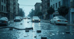 Floodwaters inundate city streets with blockades, vehicles submerged, and debris scattered in a dramatic urban landscape.