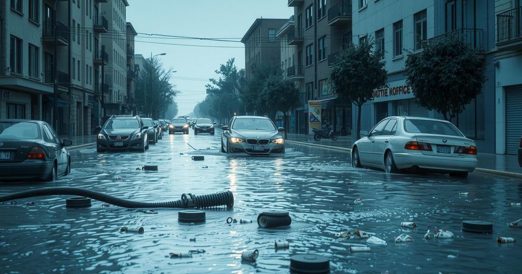 Floodwaters inundate city streets with blockades, vehicles submerged, and debris scattered in a dramatic urban landscape.