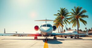 A luxury jet on a tarmac surrounded by palm trees and a blue sky, showcasing opulence and wealth.
