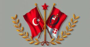 A banner of military cooperation showing flags and symbols of Russia and North Korea surrounded by olive branches.