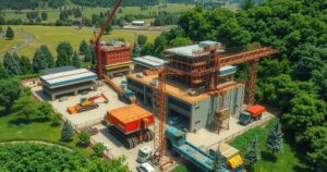 Construction site with large machinery and scaffolding surrounded by greenery, depicting industrial development.