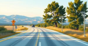 A somber view of a calm road with signs indicating caution and safety, set against a soft, muted color palette.