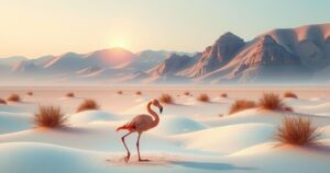 Chilean desert landscape with a prominent flamingo and pastel colors showcasing cinema themes.