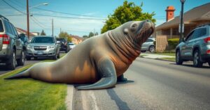 An elephant seal resting in a suburban street surrounded by vehicles, embodying a unique wildlife rescue scenario.