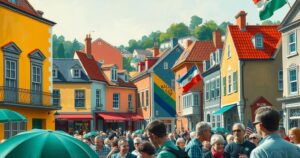 A bustling town square filled with diverse buildings and flags, indicating an election atmosphere with supporters.