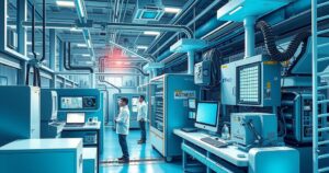 A vibrant semiconductor manufacturing facility with advanced machinery and engineers working, showcasing innovation and technology.