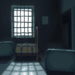 A dark, cluttered jail cell with suitcases and minimal light, highlighting confinement and tension.