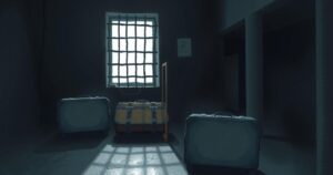 A dark, cluttered jail cell with suitcases and minimal light, highlighting confinement and tension.
