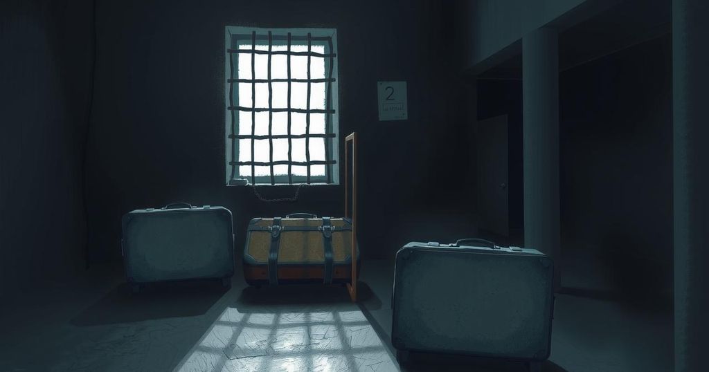 A dark, cluttered jail cell with suitcases and minimal light, highlighting confinement and tension.