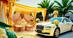 A vibrant scene from a Tanzanian wedding, showcasing bright decorations and a luxurious car gift.