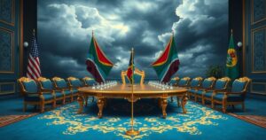 A dramatic depiction of a diplomatic meeting, with symbolic elements representing tensions and cooperation between two nations.