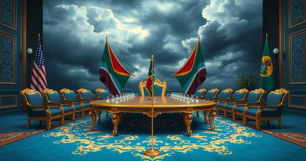 A dramatic depiction of a diplomatic meeting, with symbolic elements representing tensions and cooperation between two nations.