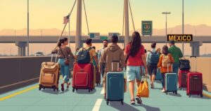 Seventeen family members of a cartel leader crossing the border into the US, with luggage and a formal setting.