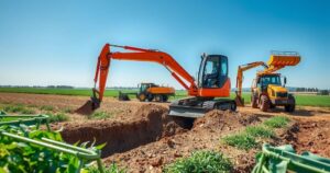 Excavator digging a trench on a commercial poultry farm in Brazil under a clear blue sky.
