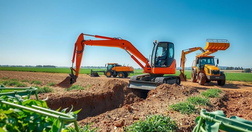 Excavator digging a trench on a commercial poultry farm in Brazil under a clear blue sky.