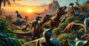 Colorful scene of dinosaurs in a prehistoric landscape, showcasing vibrant greenery and dramatic skies.