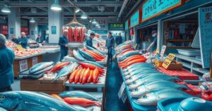 A vibrant fish market filled with fresh seafood and colorful vendors in Seoul, reflecting Korean culture and culinary delights.