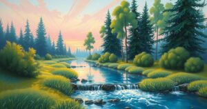A serene landscape depicting a peaceful setting with a gentle stream and lush trees, under a soft pastel sky.