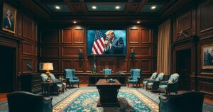 A tense diplomatic meeting in an ornate office with dimmed lights and a large screen showing political footage.