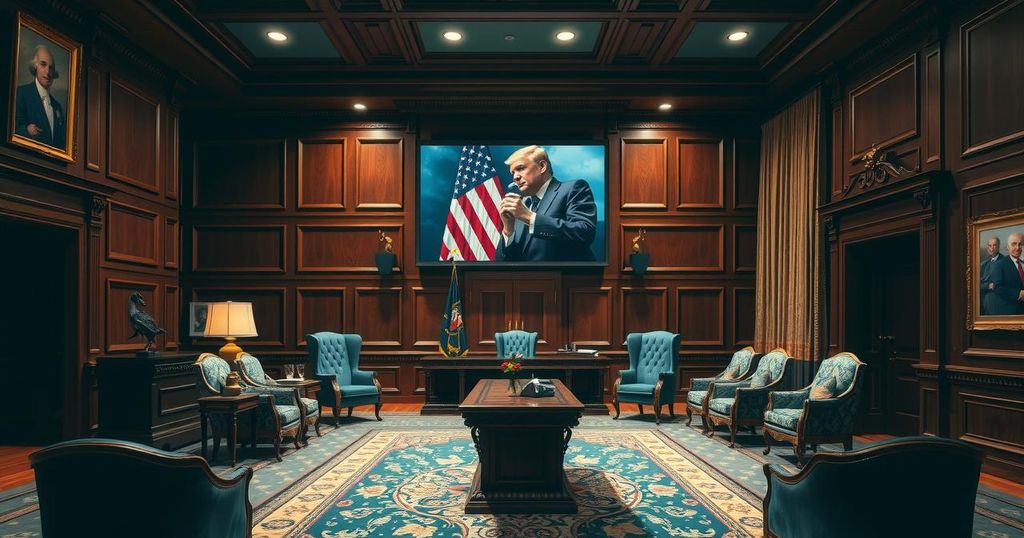 A tense diplomatic meeting in an ornate office with dimmed lights and a large screen showing political footage.