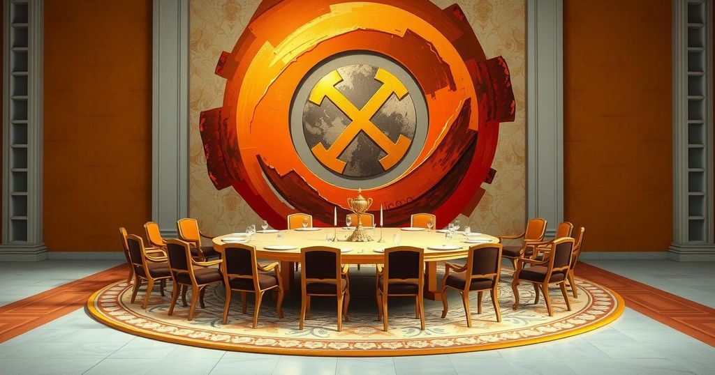 A tense diplomatic scene emphasizing peace negotiation with symbolism of unity and conflict resolution in warm colors.