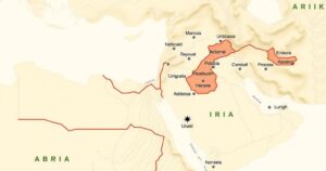 Illustration depicting Middle East maps, highlighting proposed land swaps and border realignments in neutral colors.