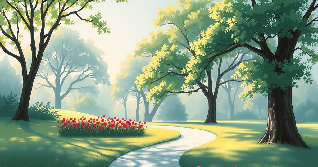 Stylized illustration of a peaceful park setting symbolizing friendship and new beginnings, in soft pastels.