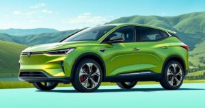 A sleek electric SUV in vibrant green with a scenic backdrop, showcasing modern automotive design and eco-friendliness.