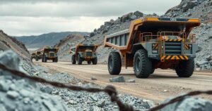 A fleet of autonomous mining trucks operating in a rugged mining site with overcast skies and rocky terrain.
