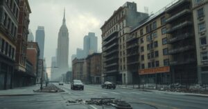 A desolate urban landscape showing abandoned buildings and deserted streets during a health crisis.